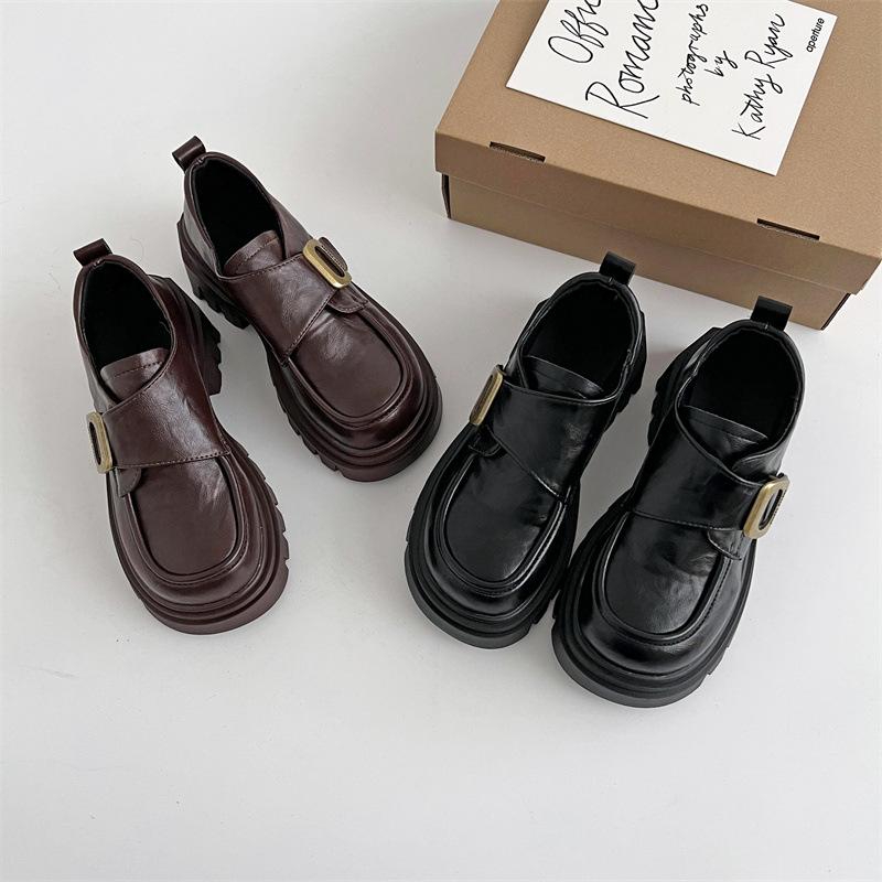 Black Retro British Style Thick Heel Platform Small Leather Shoes Women's 2025 New Autumn and Winter Skirt French Heightening Single Shoes