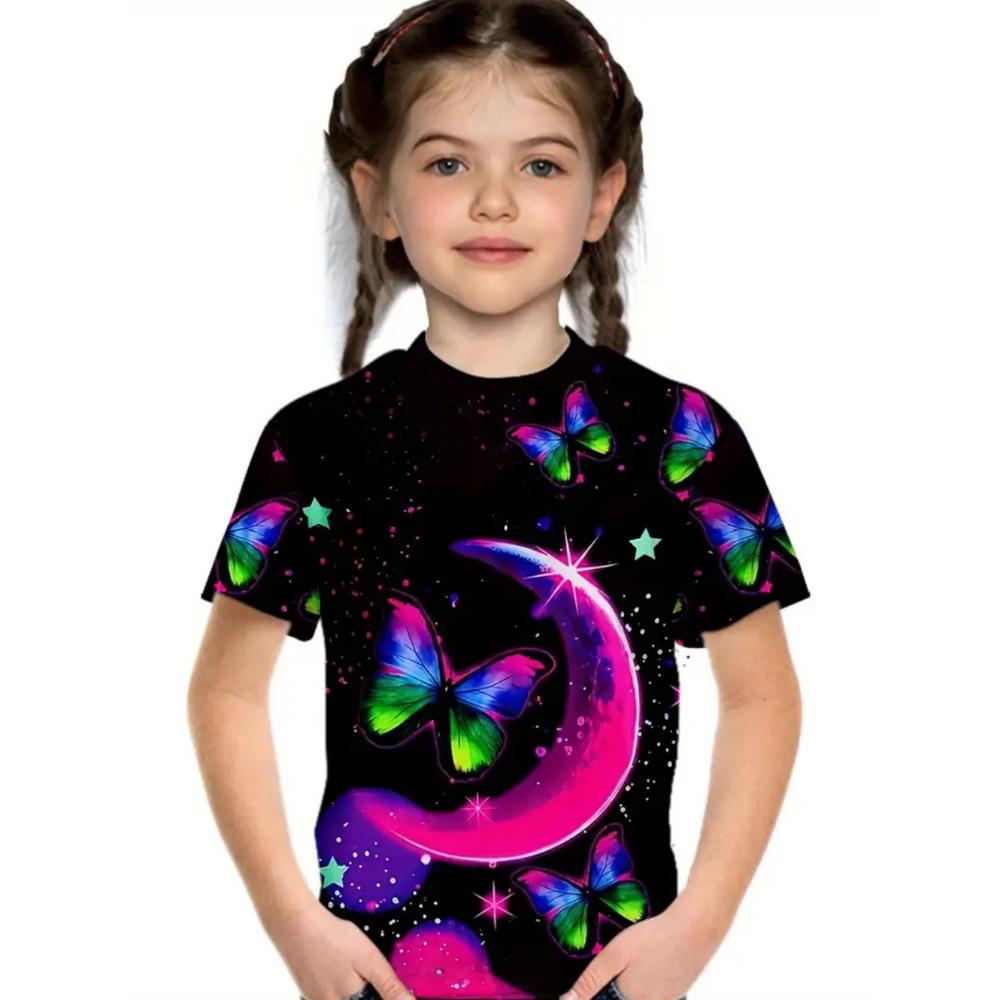 Children's clothing for girls, short sleeved girls' T-shirts, butterfly printed cute round neck girls' tops, children's summer clothes