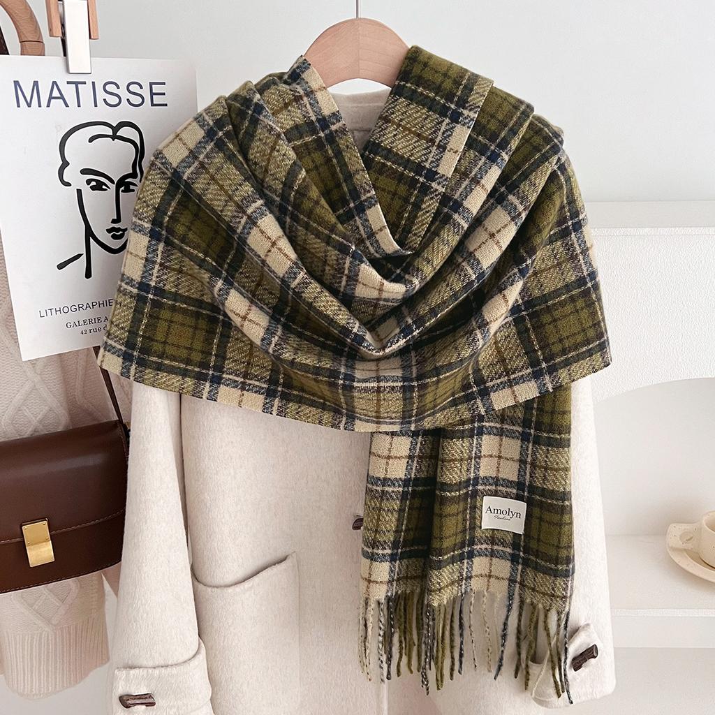 Autumn and Winter Scarf Women's New Plaid Imitation Cashmere Scarf Maillard Contrasting Shawl Thickened Warm Versatile Scarf