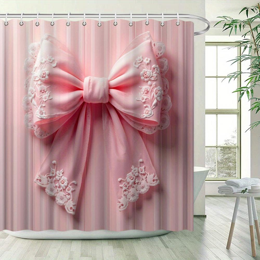 1Pc Vintage Bridal Shower Curtain - Elegant Pink Bow With White Lace Embroidery, Polyester Fabric Bathroom & Patio Decor