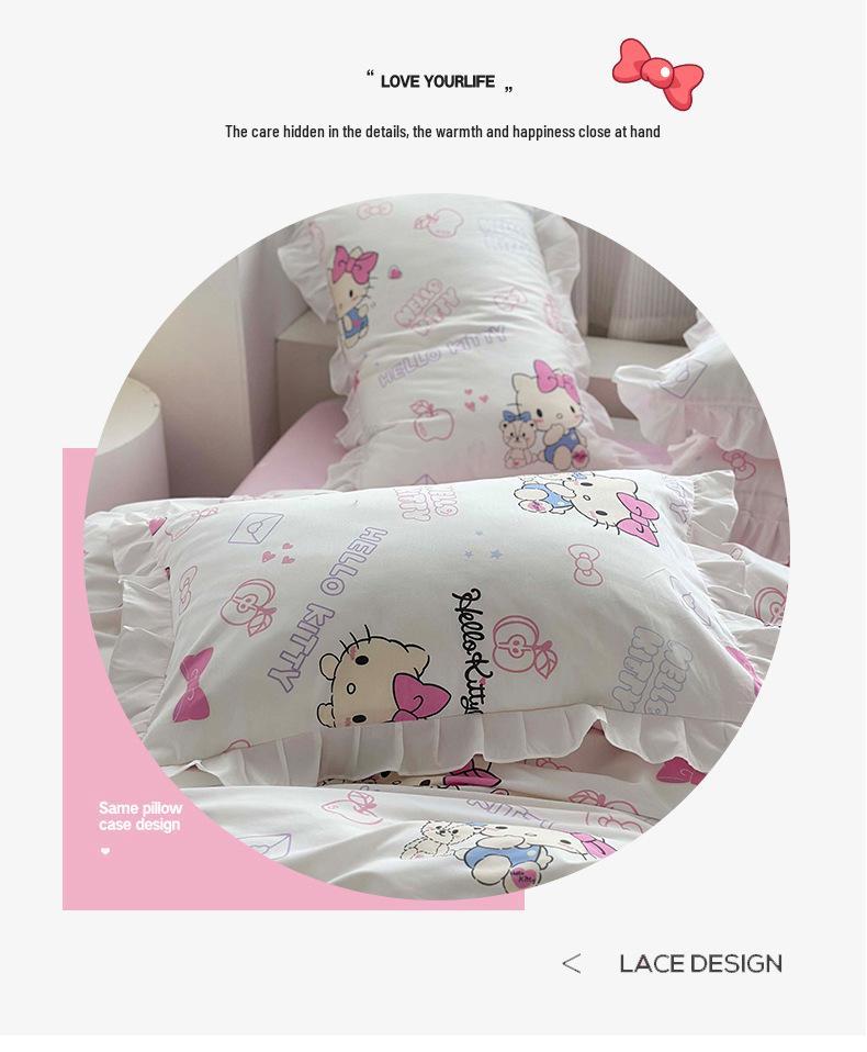 Official Sanrio Hello Kitty All-Cotton 4-Piece Bedding Set - Sheet, Pillowcase & Bed Skirt for Dorms