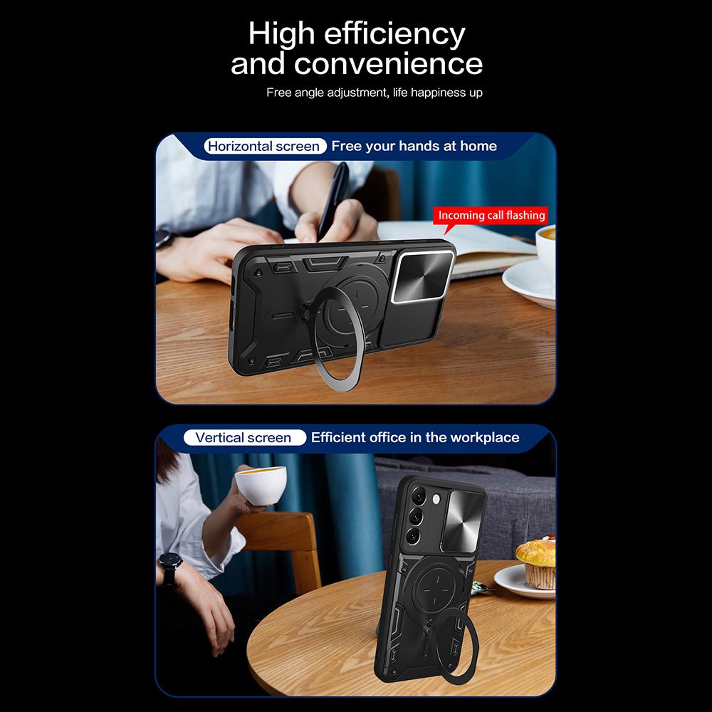 For Samsung Galaxy S22 5G Rotatable Kickstand Back Cover PC+TPU Phone Case with Slide Camera Lid