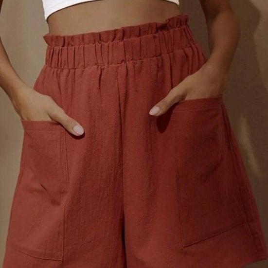 Women Shorts Elastic Knee Length Shirring Loose Side Pockets High Waist Straight Above Soft Solid