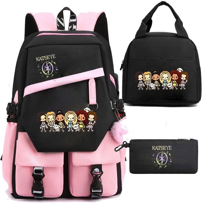 Katseye 3-in-1 School Backpack Set USB Charging Lunch Bag Pencil Case for Teenagers Students Lightweight Casual Bookbag with Large Capacity