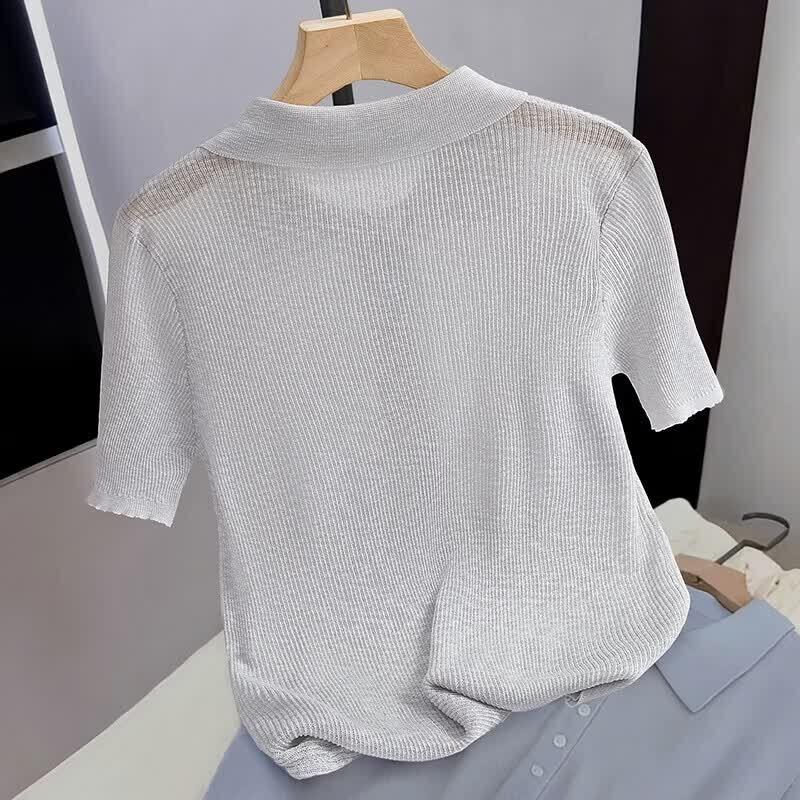 Women's Slim-Fit Polo Neck Short Sleeve Knitted Top