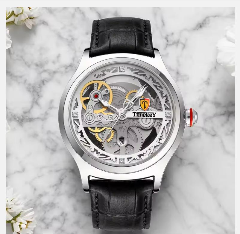 Classic Mechanical Style Stainless Steel Buckle Skeleton Dial Screw Crown Luminous Men's Quartz Watch