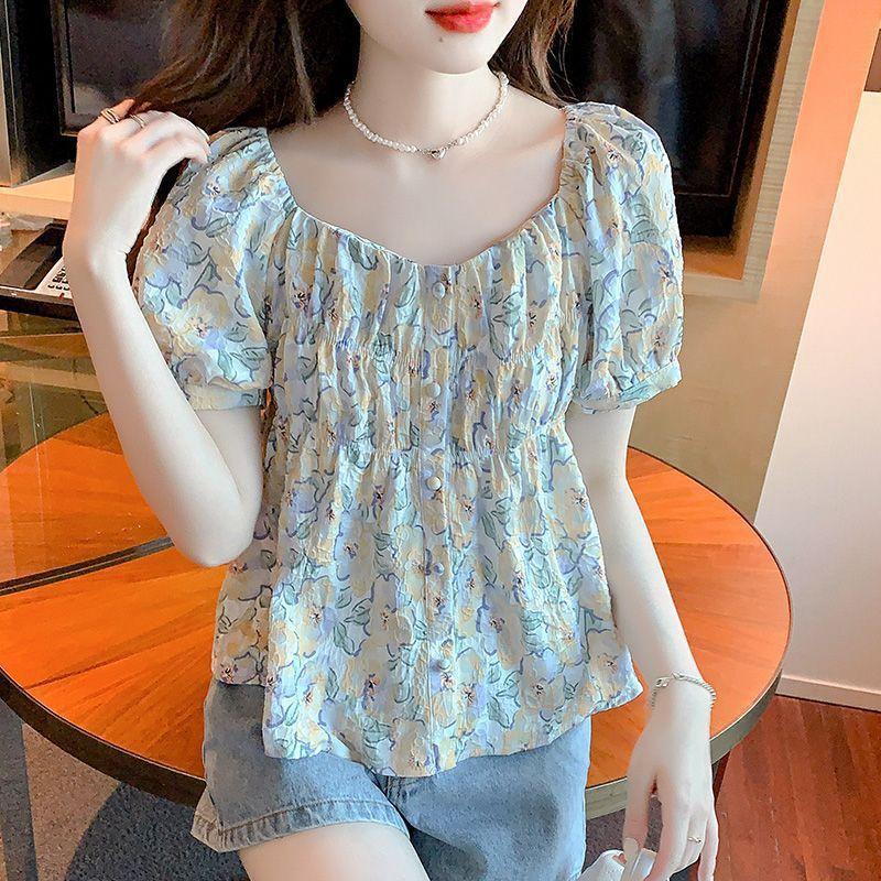 Women Square Neck Puff Short Sleeve Floral Chiffon Blouse Single Breasted Ruched Waist Peplum Shirt Summer Slimming Hide Belly Vintage Printed Top