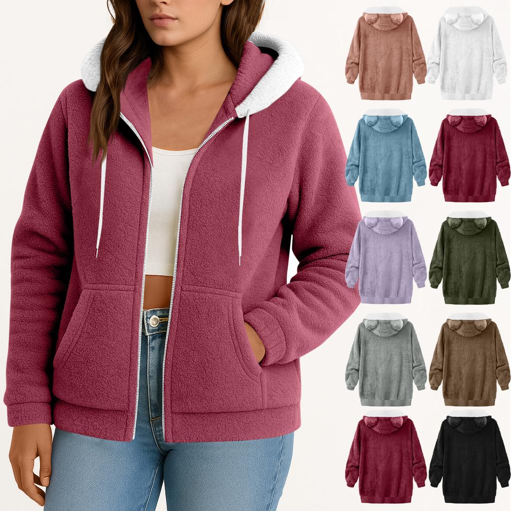Women's  Fuzzy Fleece Jacket Hooded Color Block Patchwork Lady Cardigan Coat Outerwear With Pockets And Cat Ears