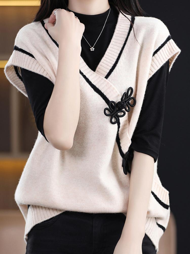 Color Block Button Front Vest, Casual Sleeveless Dual Pockets Knit Vest for Spring & Fall, Women's Clothing