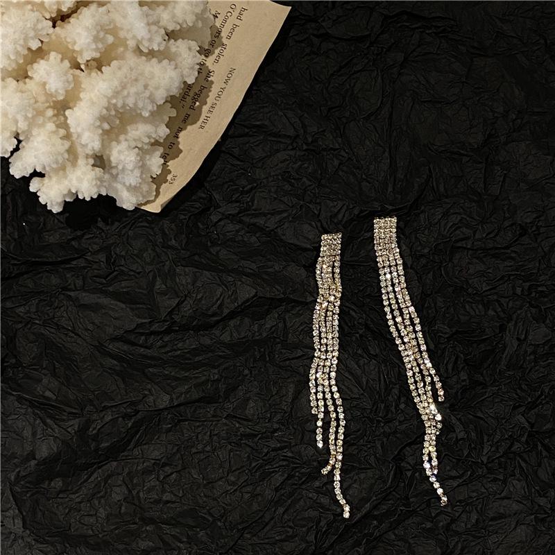 Korean Dongdaemun Diamond Tassel Long Earrings with S925 Silver Needle