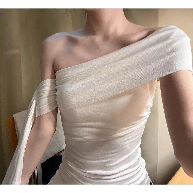 Women s Elegant Off-the-Shoulder Ribbon Top - Strapless, One-Shoulder, Short-Sleeved Design Small