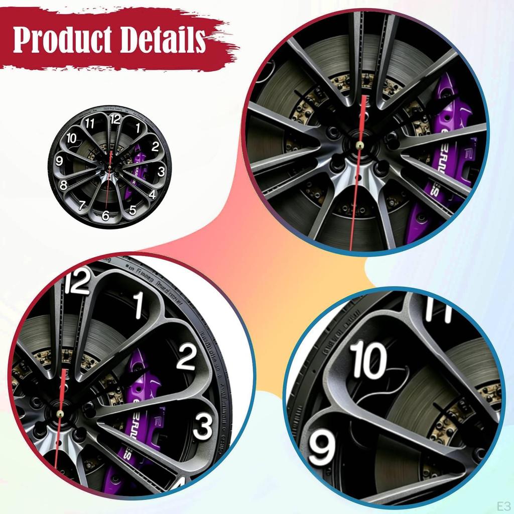 2D Car Wheel Hub Wall Clock Decor No Ticking Round for Cafe Bar Office Automotive Shop Living