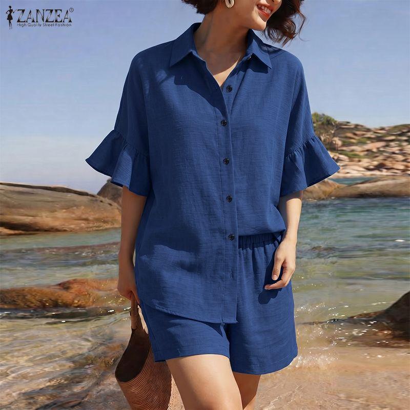 ZANZEA Women Half Sleeve Blouse and Shorts Summer Two Piece Suit Sets