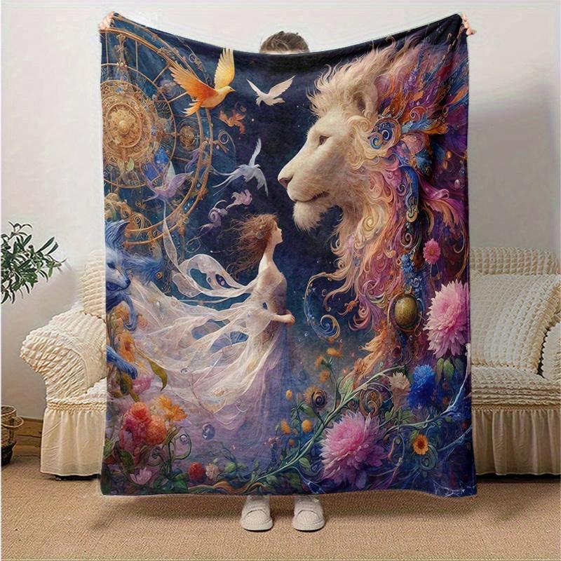 1pc Fairy & Lion Blanket, Home Decorative,Living Room, Travel, Camping, Car Blankets