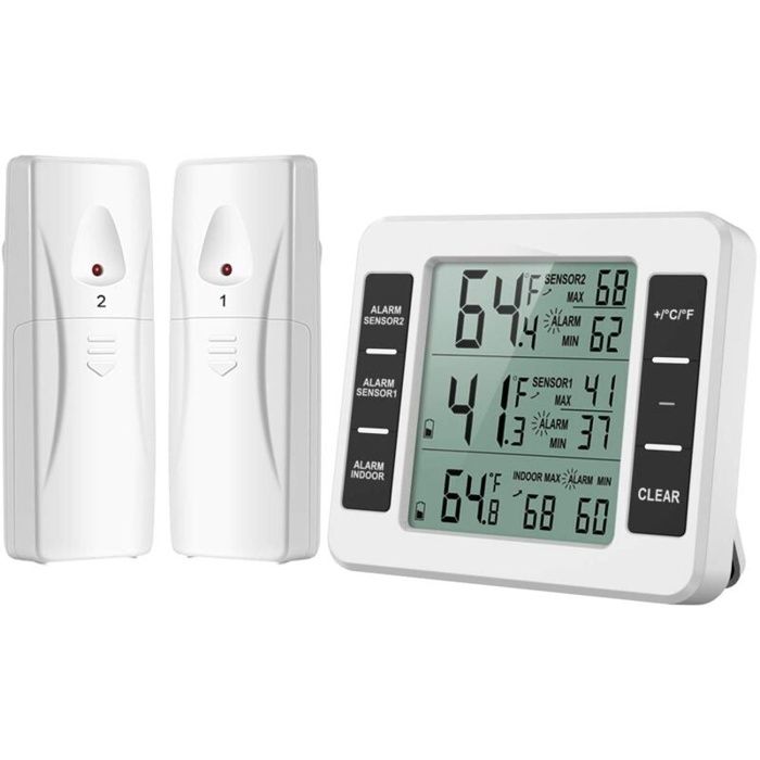 AIMOONSA Thermomètre sans fil réfrigérateur/congélateur 2 capteurs, alarme, écran LCD