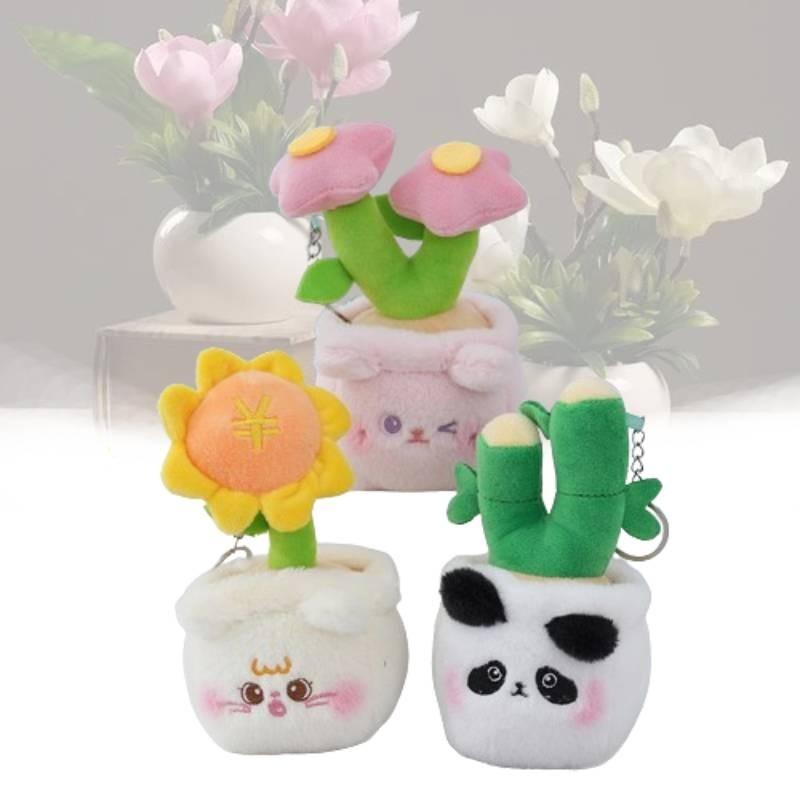 Fashion Plush Keychain Cute Potted Sunflower Kitten Green Bamboo Doll Pendant