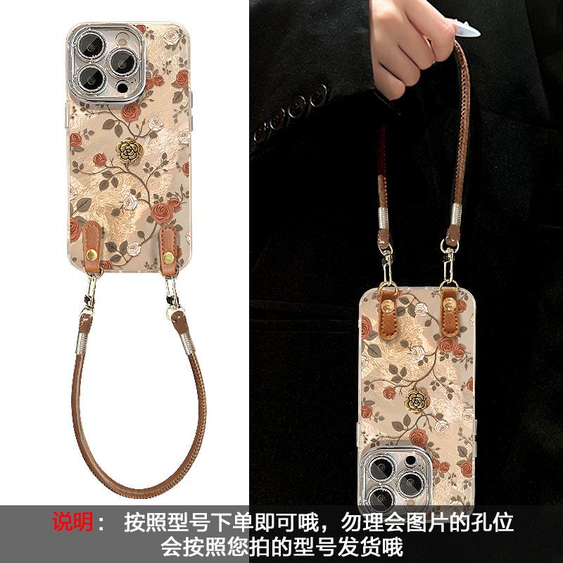 Applicable to Apple 17promax mobile phone case iphone15 rose camellia doll lanyard 16 retro glacier pattern