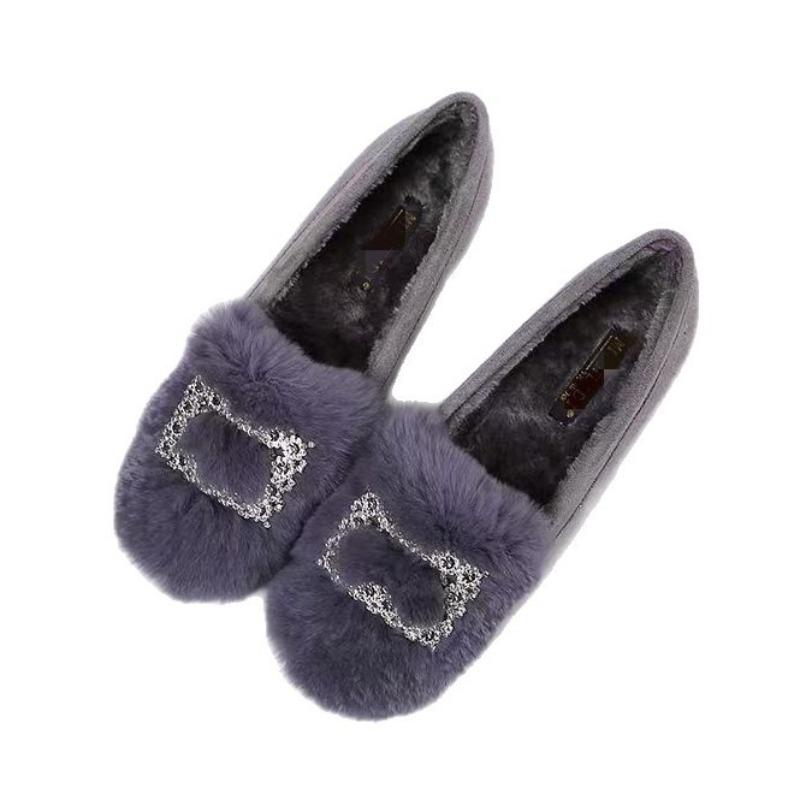 Winter rhinestone fluffy shoes women's new fashionable versatile flat-bottomed lazy people wear one-pedal Doudou shoes