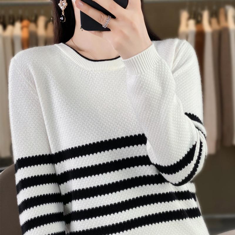 

Женский свитер с круглым вырезом и контрастными полосками для осени, простой вязаный свитер XXL белый