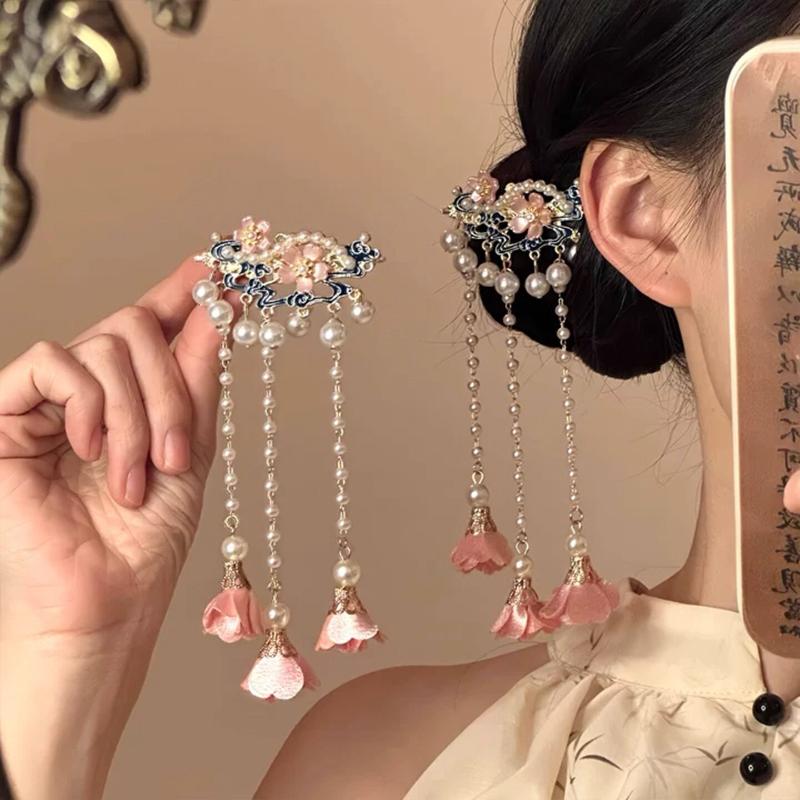 Vintage Chinese Style Pearl Tassel Hair Clips Enamel Flower Hair Pins For Women Hanfu Wedding Hair Accessories