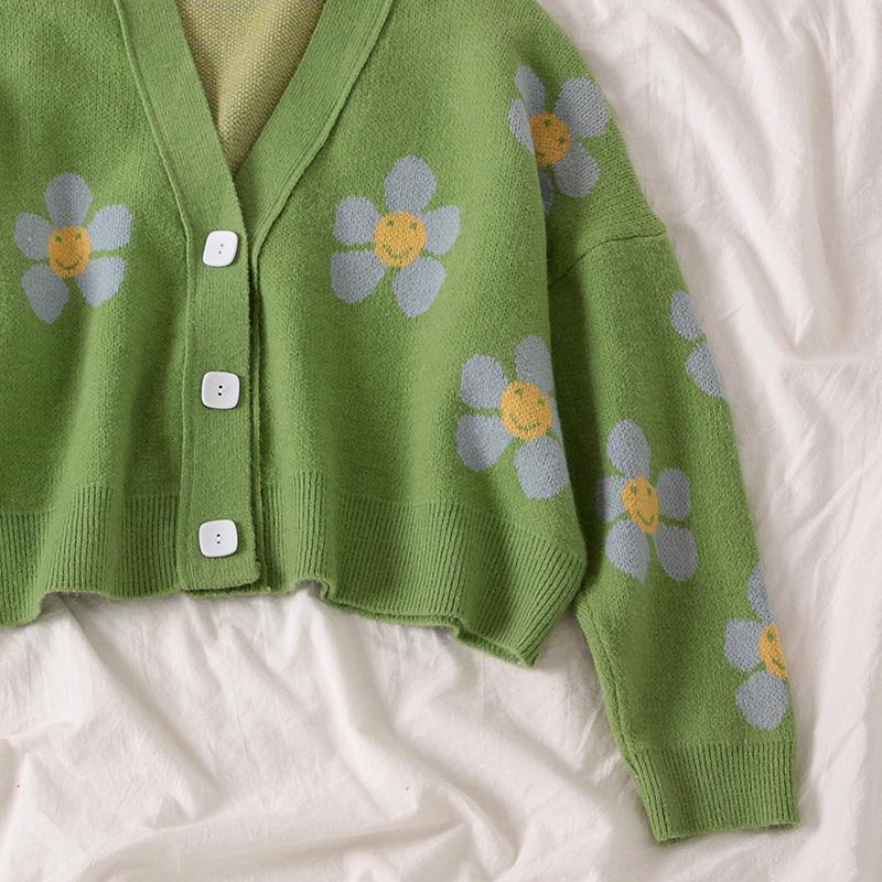 Preppy Style Flower Knit Cardigans Sweater Women V-Neck Loose Elegaht Thicked Pull Femme Print Short Casual Coat