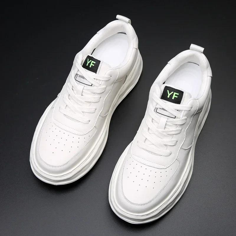 Luxury Stylish 2024New Style Real Leather Men Casual Vulcanized Shoes Soft Bottom Invisible Height Youth Dating White Shoes6-8CM