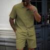 Conjunto Informal de Dos Piezas para Hombre: Camisa de Manga Corta con Solapa de Color Sólido y Pantalones Cortos