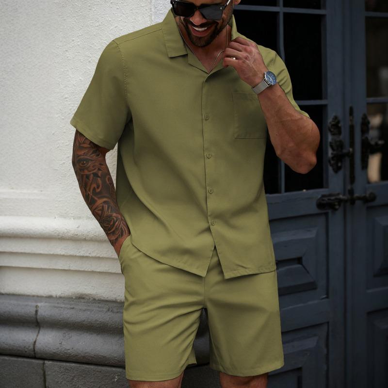 Conjunto Informal de Dos Piezas para Hombre: Camisa de Manga Corta con Solapa de Color Sólido y Pantalones Cortos
