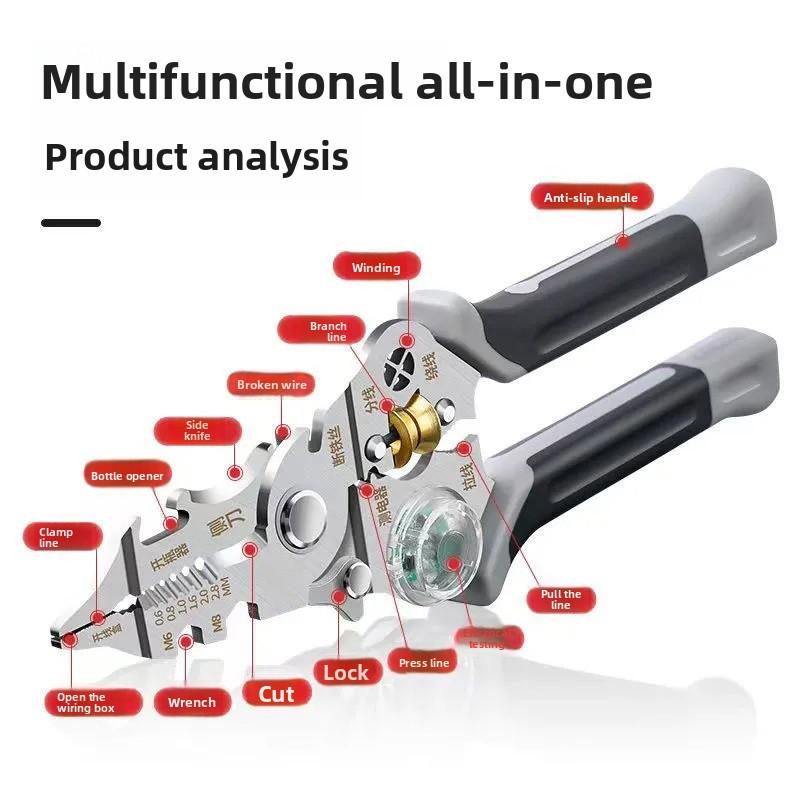 Ten in one multifunctional wire stripping pliers for electricians, pressure wire splitting, winding, cutting, and measuring pens