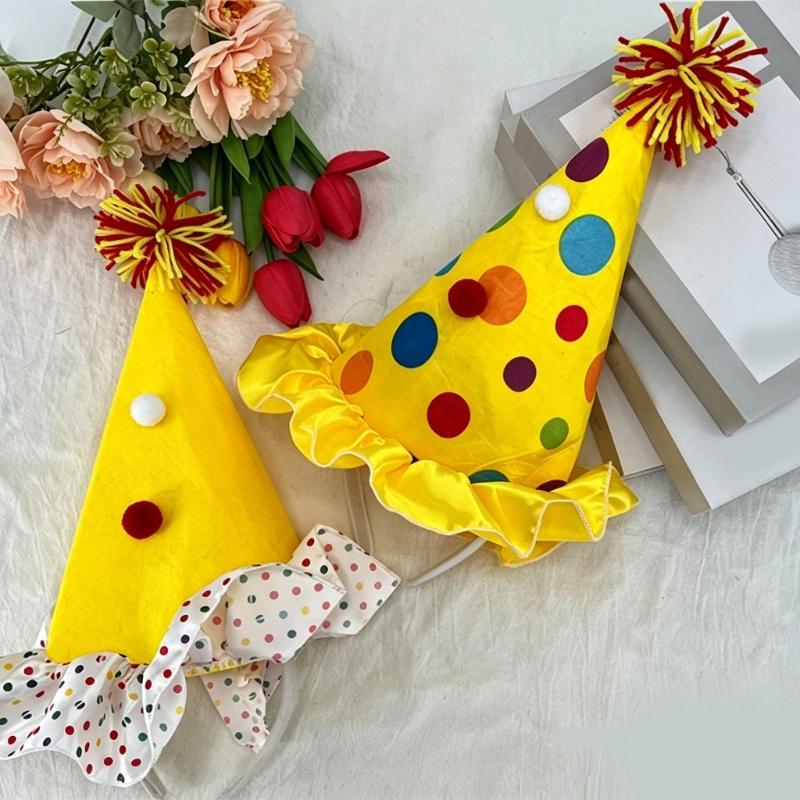 Upright Mini Party Clown Hat Accessory with Preassembled Headband for Quick Party and Costume Outfit Finishing and Styling