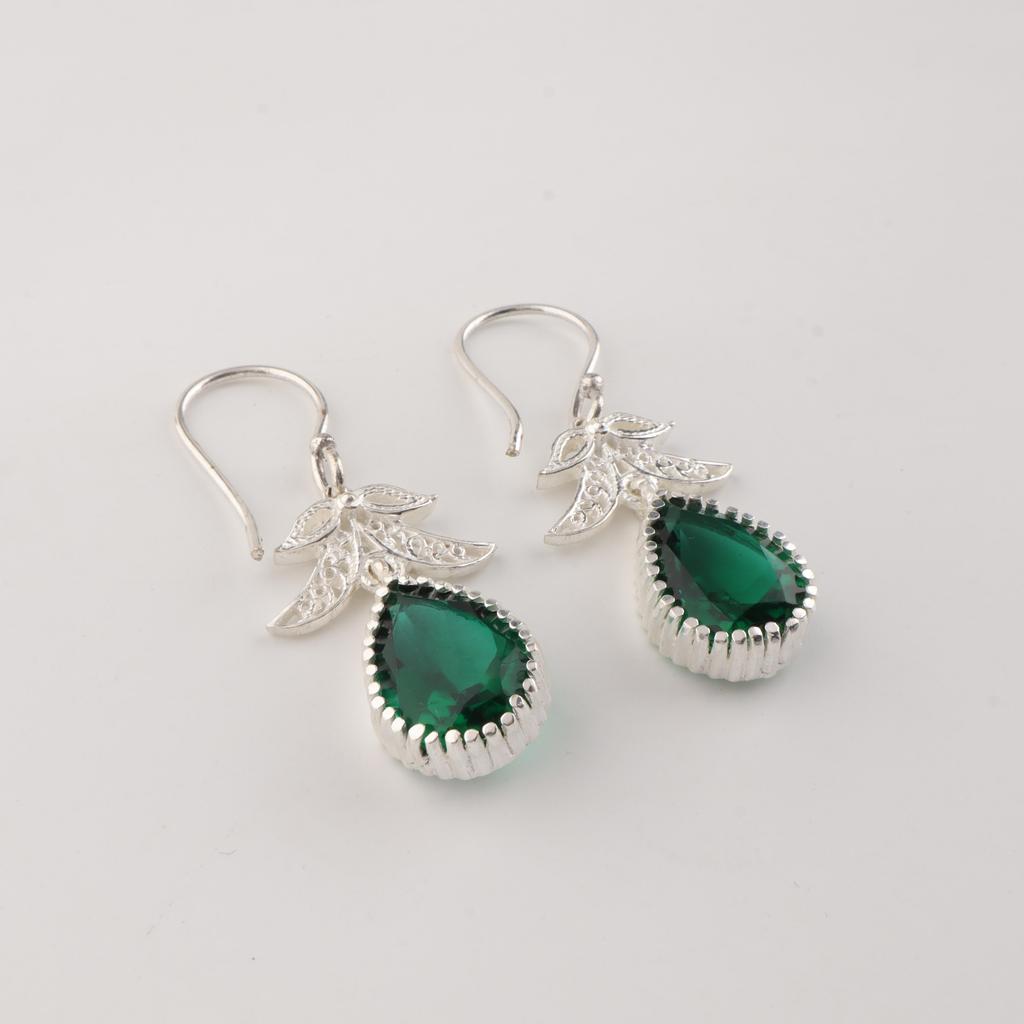 Bijoux Boucles d'Oreilles Crochets Faits Main en Argent Sterling 925 Pierre Précieuse Émeraude Verte 1.84" CE-27-12
