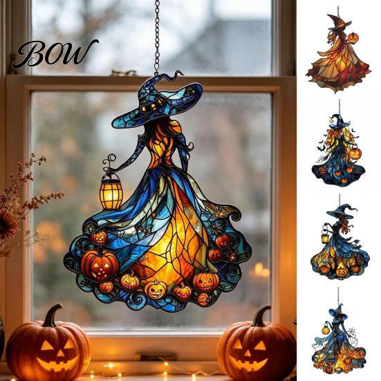 Halloween Party Supplies for Home Witch Acrylic Suncatcher, Stained Glass Effect Window Car Hanging Ornament, Gothic Scary Spooky Decor Ornaments with