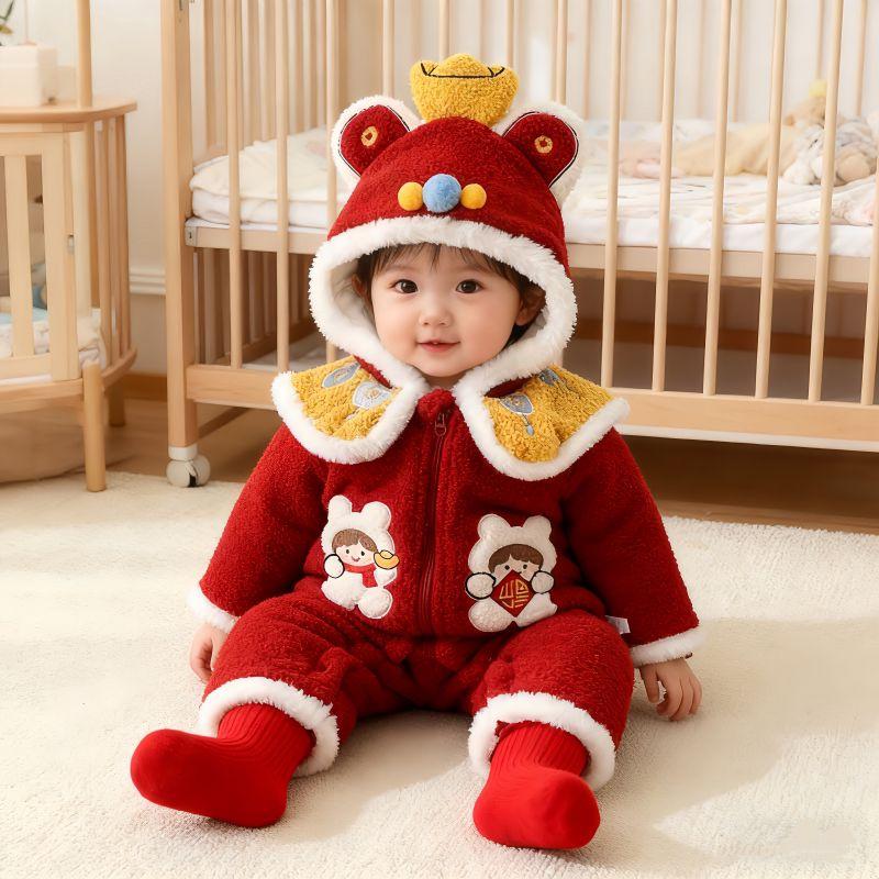 New Year's Greeting Outfit for Babies 2025 New Winter Style for Infants Aged One Week Old, Red One-Piece Romper for Baby Girls