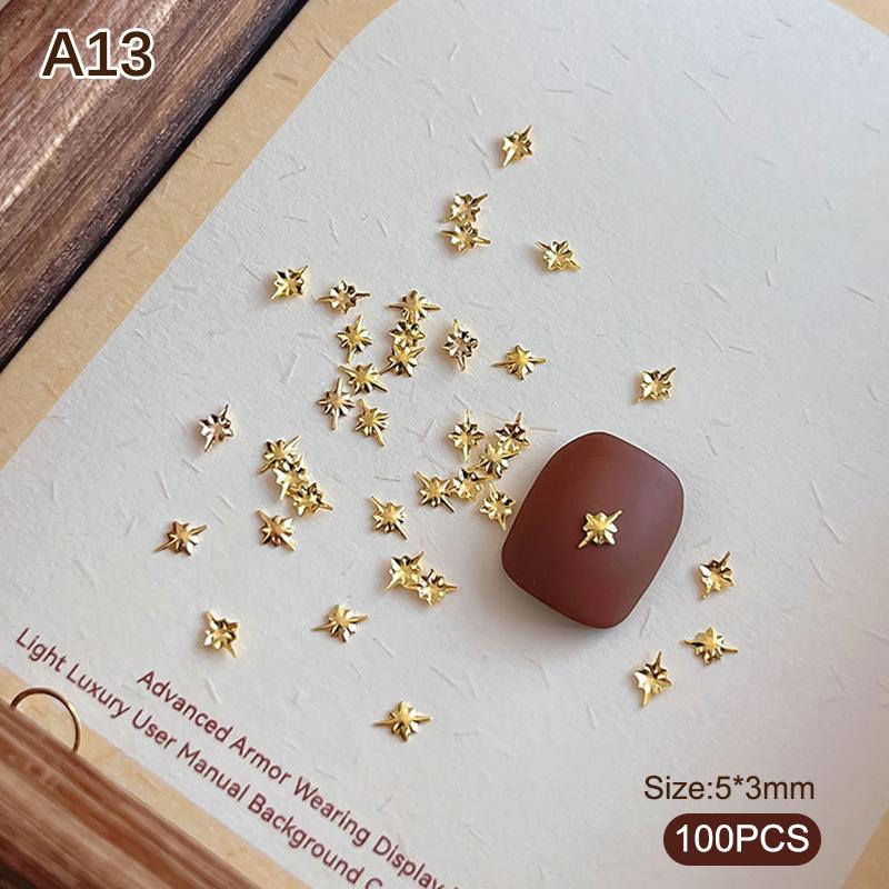 100pcs Alloy Star/Moon 3d Nail Art Charms Gold Flatback Love/Cross/Geometric Nails Decorations Manicure Supplies