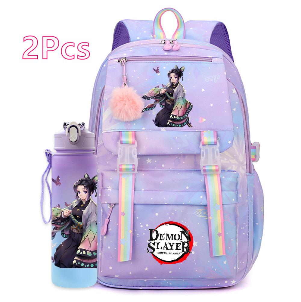 2Pcs/set Cartoon Demon Slayer Printed Backpack with 750Ml Water Bottler for Teenager Girl Boy Large Capacity Waterproof Bookbag Travel Bag Gift