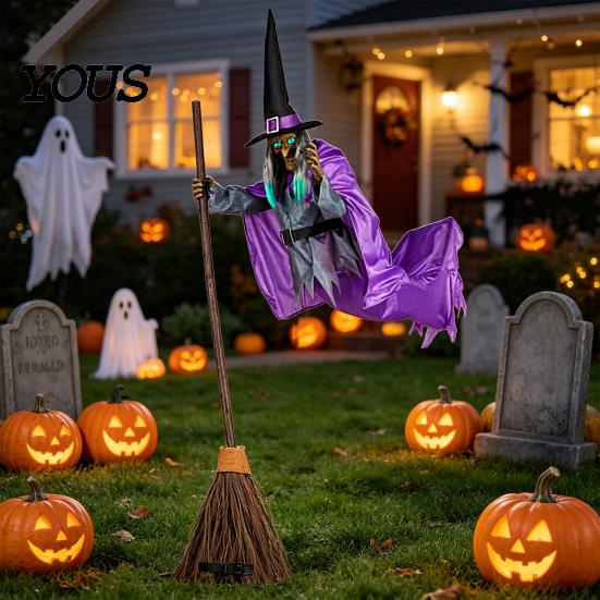 Premium Halloween Decoration Materials Animated Witch Decoration, Sound Activated Lighted Haunted House Prop, Hanging Ornament Creepy Flying