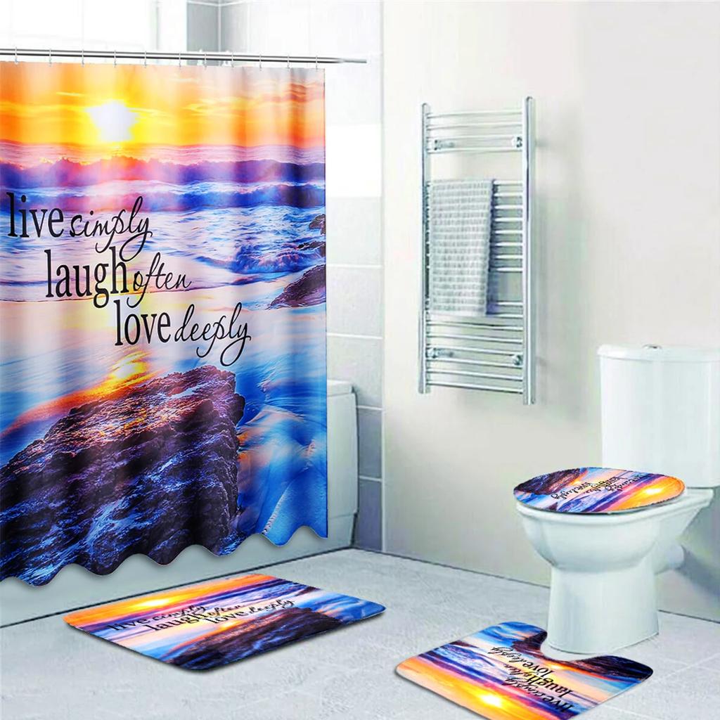 Coastal Beach Scenery 3D Printing Waterproof Shower Curtain Set Pedestal Rug Lid Toilet Cover Mat Bathroom Set With 12 Hooks