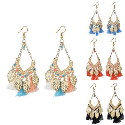 Ethnic Fan-shaped Tassel Dangle Earrings For Women Bohemian Gold Color Leaf Silk Fabric Drop Earring Female Party Jewelry