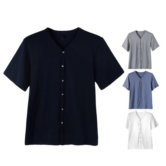Men Button Down T-shirt Solid Color V-Neck Short Sleeve Tee Shirt Summer