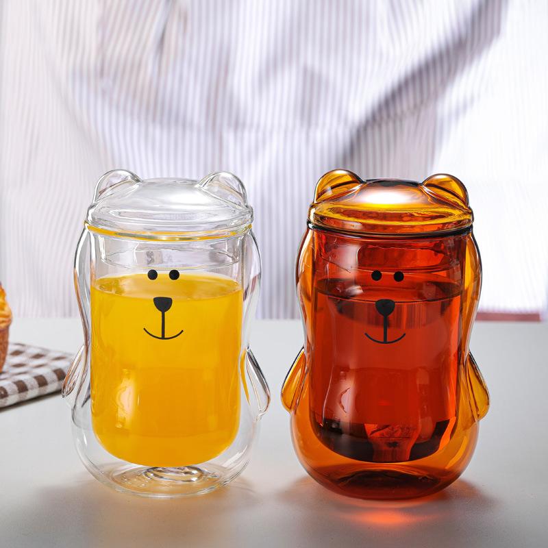 Tasse à café créative 300 ml avec couvercle en verre transparent, motif ours ambré, motif ours mignon