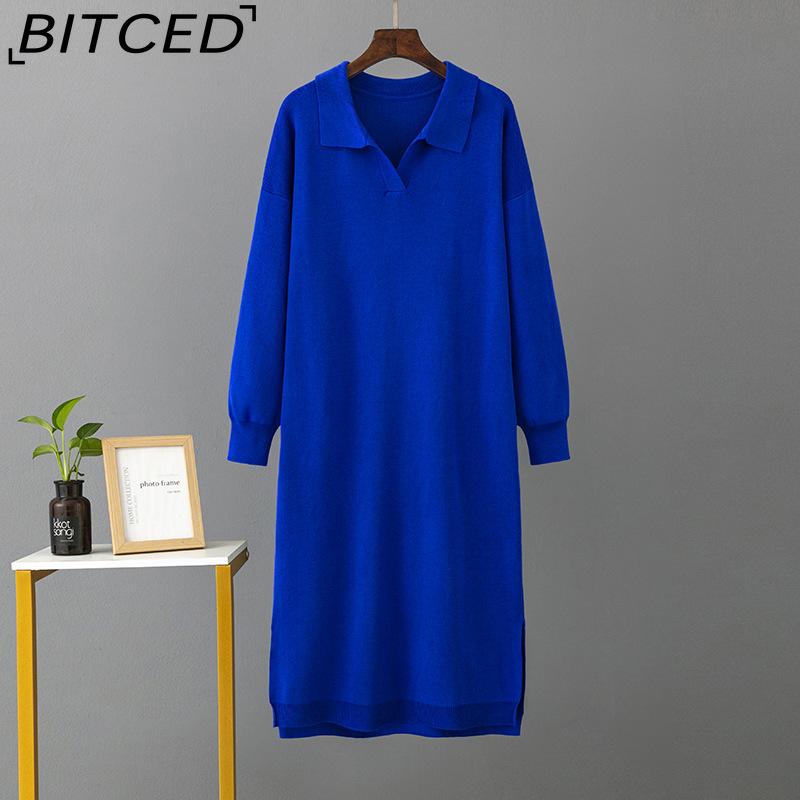 

BITCED Женские осенне-зимние трикотажные свободные платья большого однотонного цвета с воротником-поло и подкладкой one size синий