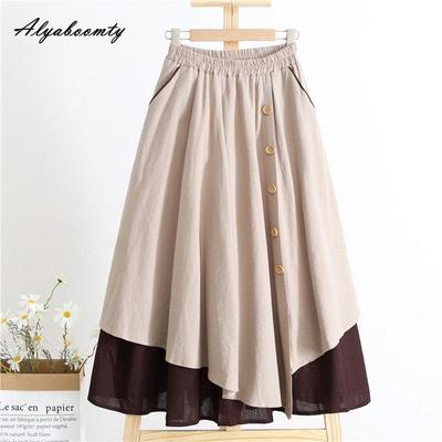 Frühling Herbst Damen Stilvoller Midi A-Linien Rock Hohe Taille Kontrastfarbe Baumwollknöpfe Rock Vintage Damenrock Mit Taschen