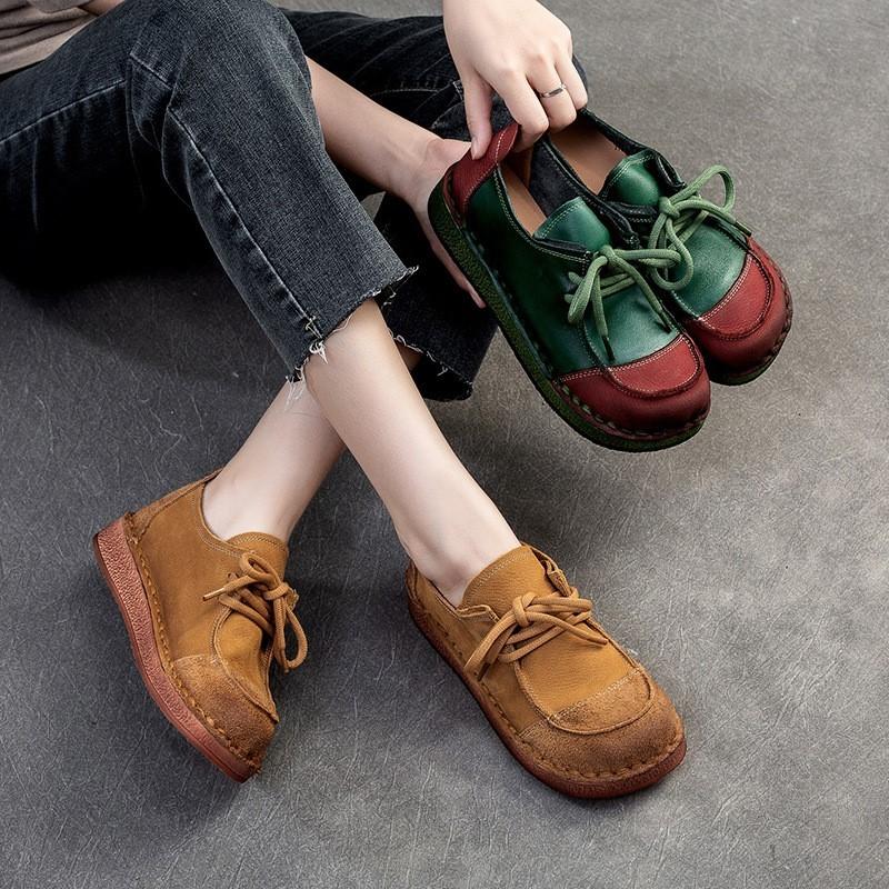Johnature Chaussures à lacets rétro en cuir véritable polyvalentes, couleurs mélangées, semelle souple, chaussures confortables pour femmes