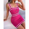 Casual Spring Summer Wrapped Square Neck Dress Colored Knitted Waist Button Collar