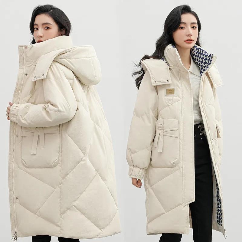 Langer Daunenmantel mit Kapuze für Damen, koreanischer lockerer Parka mit Baumwolle-gefütterter Winterjacke für Damen, dicke warme Pufferjacke
