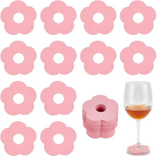 FINGERINSPIRE 150 Pcs Drink Name Tags for Wine Glasses Flower/Round Shape Pink Paper Wine Glass Marker Blank Wine Glass Charm Cocktail Champagne Tag