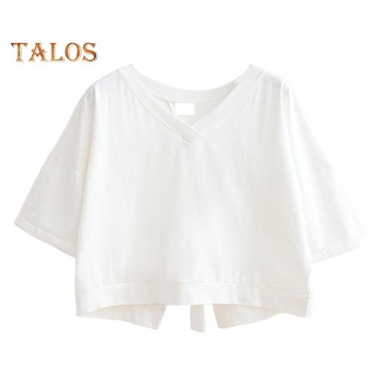 Letnia krótka koszulka z dekoltem w kształcie litery V z krótkim rękawem z wycięciem na plecach sznurowana koszulka jednokolorowa luźny krój pulowerowe topy Streetwear