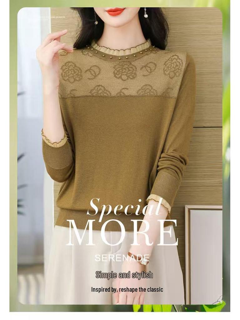Damen Merino-Wolle Basisschicht mit Spitze und Lochmuster - Altersreduzierender Rundhals-Pullover für Herbst/Winter