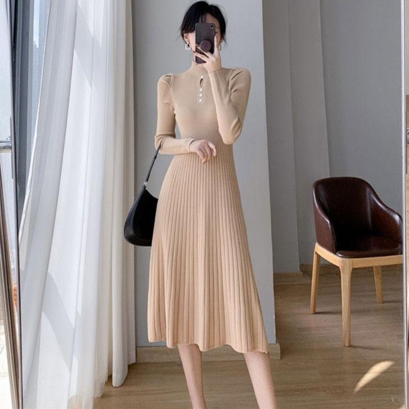 

Женское вязаное платье Элегантное с длинными рукавами Свитер Облегающее Повседневное Женская корейская модная одежда Осень Зима S хаки