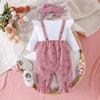 Kleinkind Mädchen 3-teiliges Outfit Set Geripptes Langarm-Oberteil mit Rüschenärmeln Blumenmuster Latzhose mit Schleife und Stirnband Herbst Winter